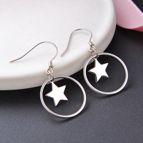 Real Fine Jewelry Solid 925 Sterling Silver Dangle Earrings For Women Fashion Simple Star and Circle Drop Hanging Earrings