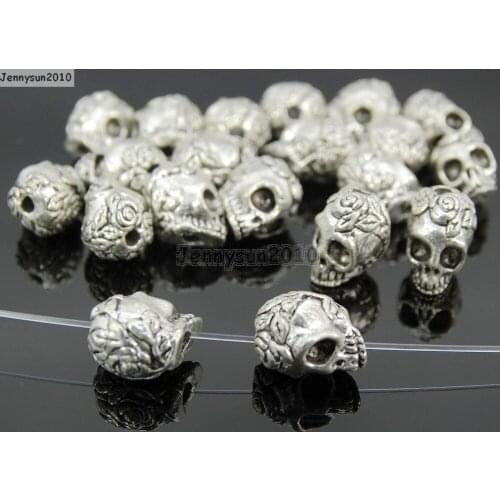 Solid Metal Vintage Tibetan Silver Rose Skull Head Bracelet Necklace Connector Charm Beads 50Pcs/Pack