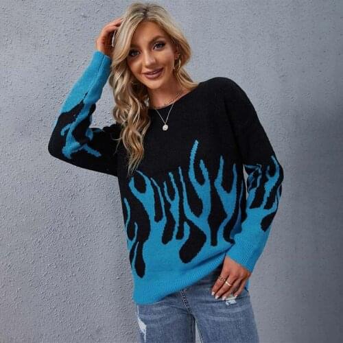 Flame Patchwork Elegant Pullovers Women Winter Long Sleeve Loose Plus Size Knitted Sweaters Streetwear Warm Outerwear 2021
