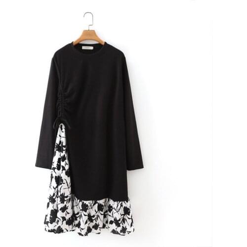 Plus Size Womens Round Neck Patchwork Long Dresses Floral Printed Vintage Dress Long Sleeved Spring Summer Vestidos