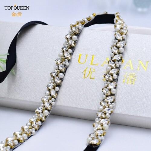 TOPQUEEN S383-G Pearl Diamond Belt Bridal Sash Womens Bridal Belt Gold Dress Belts Formal Dress Golden Belt Thin Wedding Belt