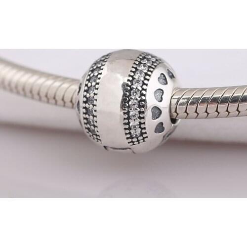 S925 DIY Jewelry Round Hearts Clips Charm Clear CZ Stopper fit Lady Bracelet Bangle