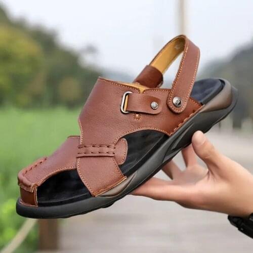 Mens Summer Sandals Genuine Leather Baotou Outdoor Leisure Non-Slip Beach Luxury Sandals Fashion Shoes Slippers Mens Sandals