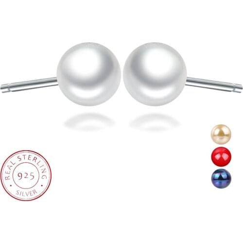 925 Sterling Silver Stud Earrings 8mm Pearl Red Earring For Women 100% Real Silver Jewelry