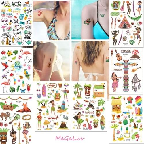 Hawaiian Beach Party Tattoo Stickers Hawaii Luau Waterproof Temporary Tattoos Summer Tropical Pool Wild Aloha Party Supplies