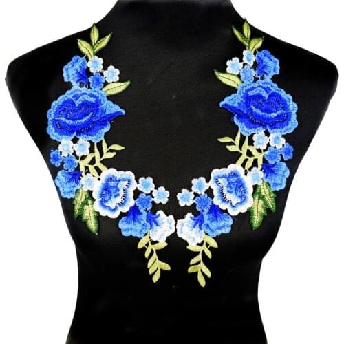 2pcs Blue Flower Roses Embroidered Patches For Clothing Applique Sewing On Patch DIY Handmade Patchwork Accessories NL271
