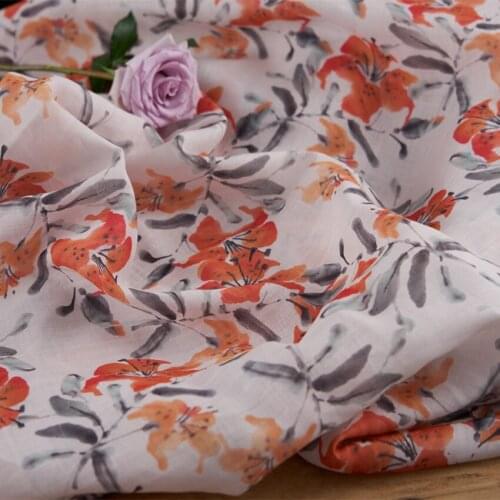 High quality natural pure ramie fabric red flowers print fabric for dress Fashionable womens dress robe cheongsam tissus