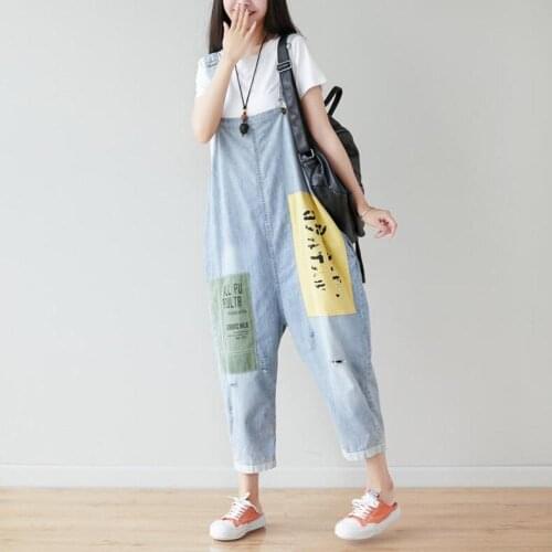 2020 Women Denim Jumpsuit Plus Size Suspenders Fashion Patchwork Hole Overalls Casual Loose Female Jeans Rompers