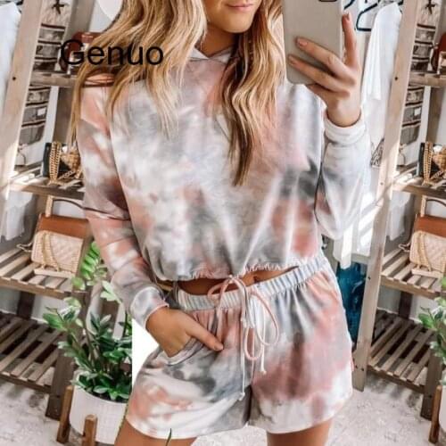 Casual Two Piece Set Women Tie Dye Printed Long Sleeve Shorts Home Suit Lounge Wear Sets Woman Outfit