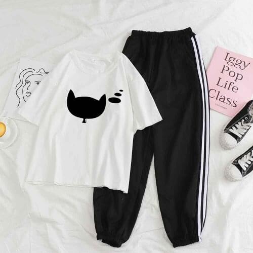 Pant Suits Women Tracksuit 2 Piece Set Trousers Women Streetwear Cartoon Cat T Shirt Graphic Tee Long Pants Sportswear Set