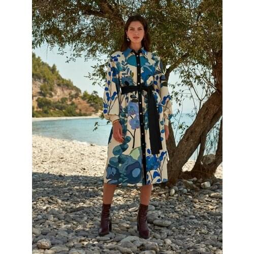 Women Blue Floral Pattern Belted Oversize Midi Shirt Dress Beach Holiday Dresses Casual Bohemian Spring Summer 2021 New Fashion