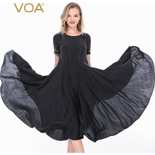 VOA 22m/m Silk Jacquard Crew Neck Mix Material Stitching Golden Rolloff High Waist Zipper Expandable Short-Sleeve Dress AE202