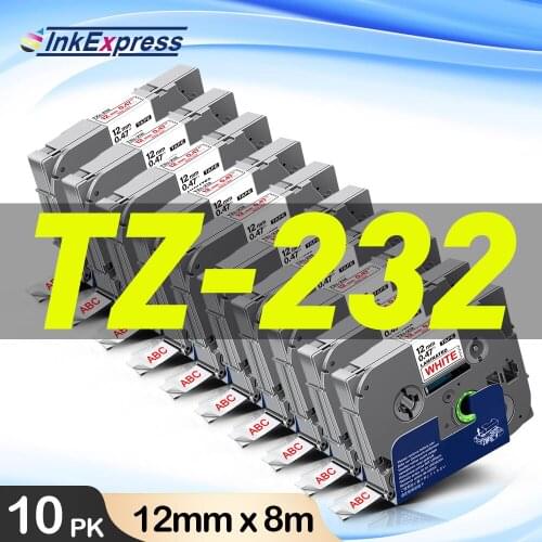 10PK Laminated Tape 12mm 232 Red on White Sticker Printable Compatible Brother Label Tape 233 for Brother Labeler PT1290 PT-D210