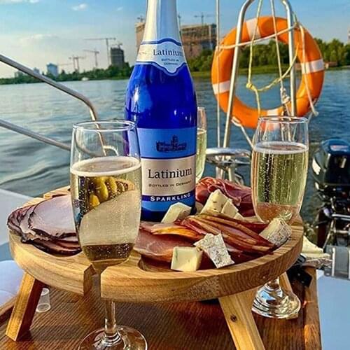 Wooden Outdoor Folding Picnic Table With Glasses Holder Round Protable Desk Wine Glass Rack Collapsible Table For Garden Party