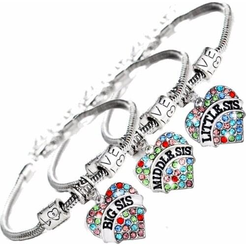 3Pcs Family Love Beads Little Middle Big Sis Sisters Bracelets Crystal Heart Charms Jewelry Women Girls Friends Chain Bangle New