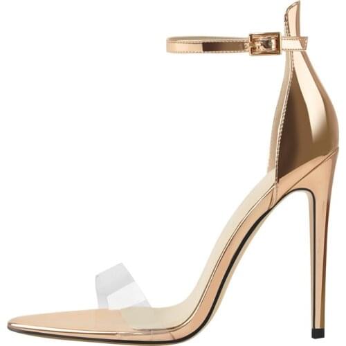 Richealnana 2021 Elegant Summer Champagne Pointed Toe Sandals Stiletto High Heel Ankle Buckle Cover Heel PVC Wedding Shoes