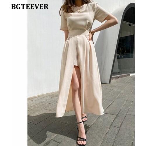 BGTEEVER Elegant Short Sleeve High Split Women Playsuits Summer Slim Waist Female Jumpsuits 2021 Ladies Solid Rompers