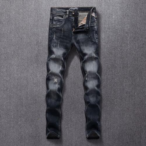 European Vintage Fashion Men Jeans Retro Black Blue Elastic Slim Fit Ripped Jeans Men Scratch Designer Casual Cotton Denim Pants