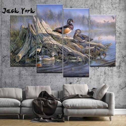 Canvas Painting Ducks In The Autumn Lake 4 Pieces Wall Art Painting Modular Wallpapers Poster Print for living room Home Decor