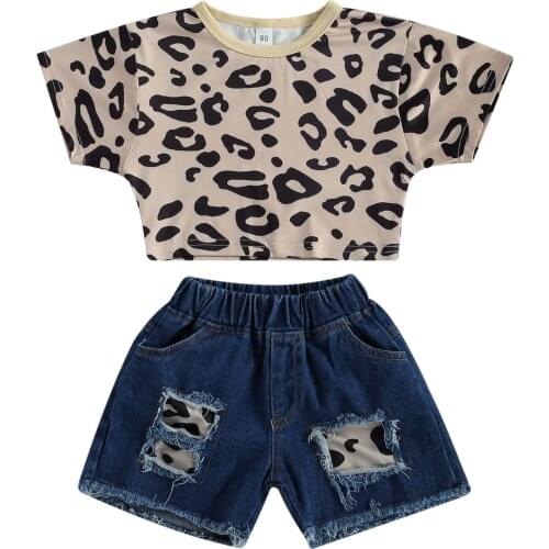 2021 Girls Two Pieces Set Childrens Leopard Print Crop Tops Short Sleeve Shirt Elastic Waist Shorts for Kids Clothes Set