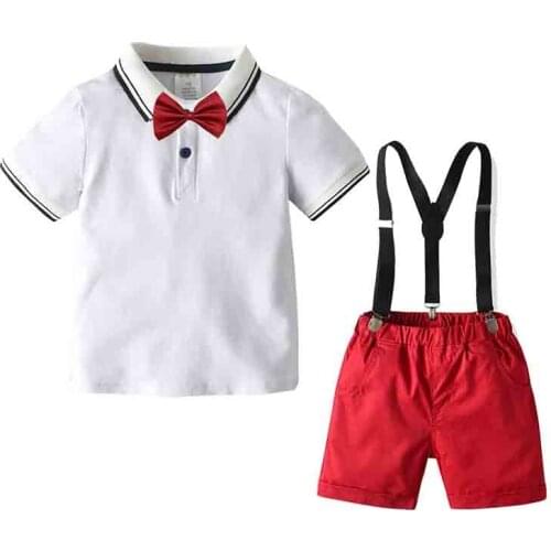 Summer Toddler Boys Gentleman Clothing Sets Short Sleeve Bowtie Shirt+Suspender Shorts Outfit Fashion Childrens Clothes