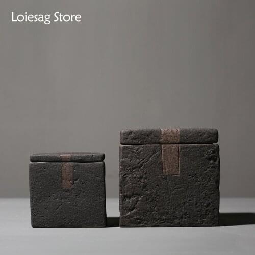Loiesag Retro Square Square Tea Cans Ceramic Puer Tea Tea Caddy Coarse Pottery Moisture-proof Storage Tea Cans Candy Storage Jar