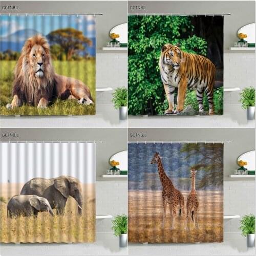 Africa Wild Animals Shower Curtains Set Tiger Lion Elephant Giraffe Wolf Leopard Wall Hanging Bathroom Decor Fabric With Hooks