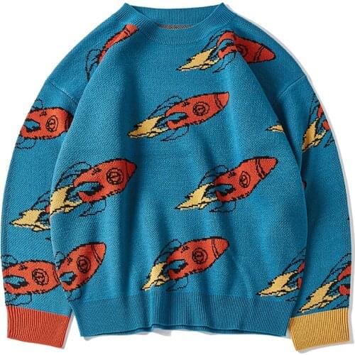 Harajuku Sweater Men Funny Rocket Pattern Spandex O-neck Oversize Pullover Hip Hop Streetwear 2020 Autumn New Man Women Sweaters