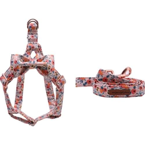 Pink Floral Dog Harness with Bowtie and Basic Dog Leash Adjustable Buckle Pet Supplies