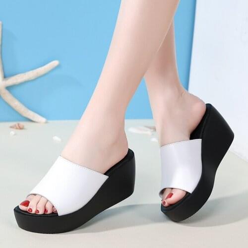 Genuine Leather Summer Platform Wedge Sandals Women Black White High Heels Slippers Women Comfortable Shoes Woman Heels Sandals