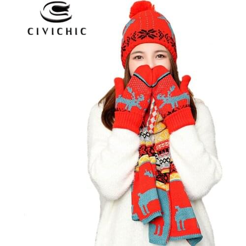 Chic Autumn Winter Christmas Knit Hat Scarf Gloves 3 PCS Set Warm Fleece Xmas Pompon Beanies Crochet Elk Shawl Cap Mittens SH115