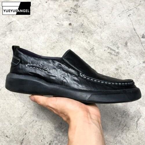 Men Business Casual Real Leather Shoes Platform Loafers Soft Sole Comfortable Slip On Black Formal Dress Shoes Mocasines Hombre
