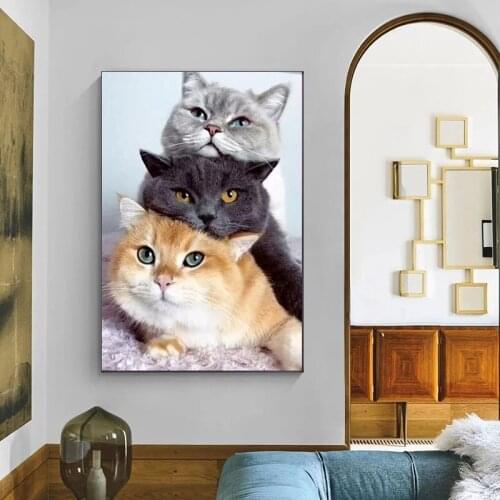 Hand Painted Unique Gifts Three Cute Cat Animal Canvas Painting Modern Wall Art Picture Poster and Print Home Decoration