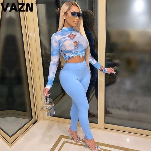 VAZN 2020 Gold Medal Seller Free Soft Sexy Fresh Clear Young Turtleneck Full Sleeve Long Pants Elastic Women 2 Piece Set