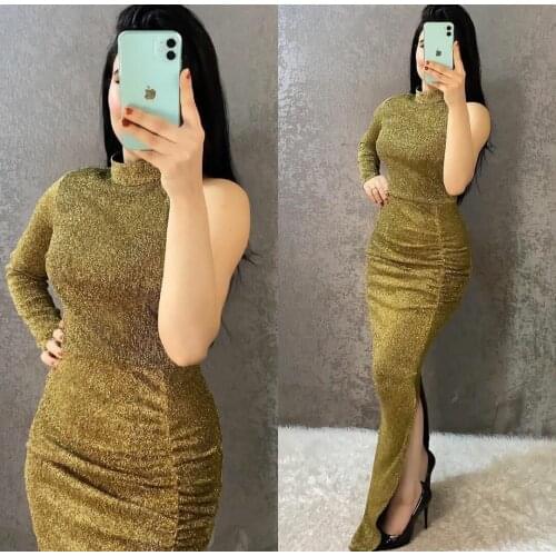 Elegant One Shoulder Long Sleeve Prom Dresses with Slit Zipper Back Mermaid Robe De Soiree Floor Length Formal Party Gown