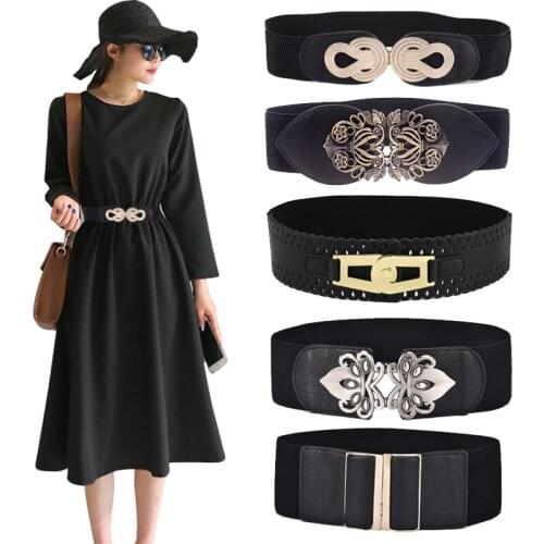 Fashion Punk Rocker Wide Belts for Women Elastic Wide European Style Women Belts Metal Round Buckle