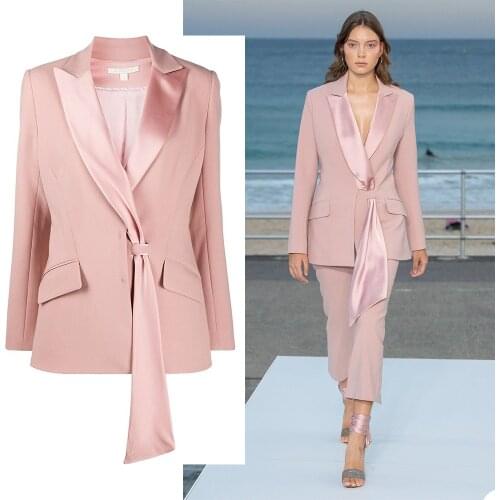Woman Suit Cat Line Style Fashion Hidden Breasted Design Notched Collar Blazer Pink Office Lady Jacket & Pencil Pant Female