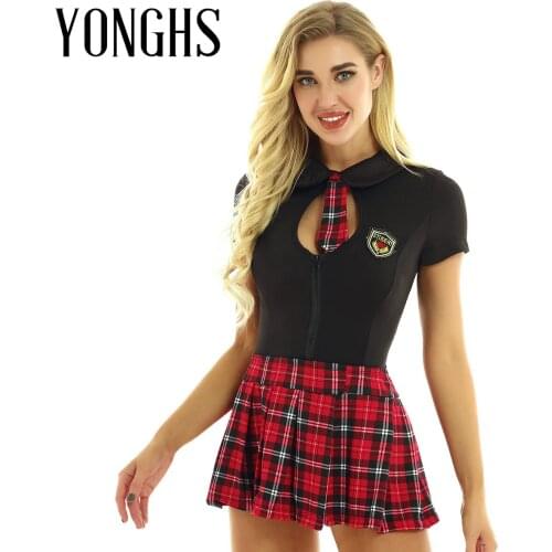 Womens School Students Cosplay Costume Outfit Back Lace Up Top Plaid Pleated Mini Skirt with G-string and Tie for Roleplay Games