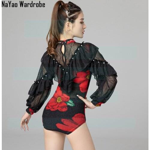 2021 New 6021 Lotus Sleeve Patchwork Floral Female Latin Dance Bodysuit Women Performance Modern Dancing Tops Latino Dancewear