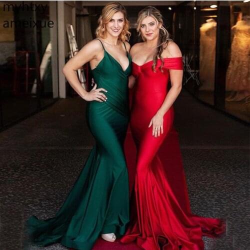 Spaghetti Straps Long Mermaid Evening Dress Dark Green Elastic Satin Backless Women Formal Party Gown Robe De Soiree Plus Size