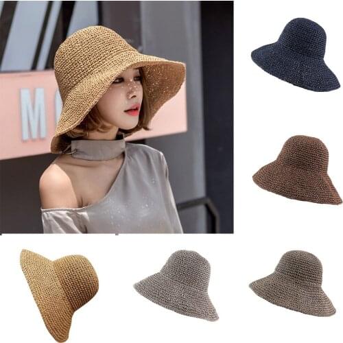 1 Pcs Summer Autumn Hat Women Retro Flat Drooping Hat Brim Hand-made Straw Hat Ladies Outdoor Sun Protection Beach Straw Hat