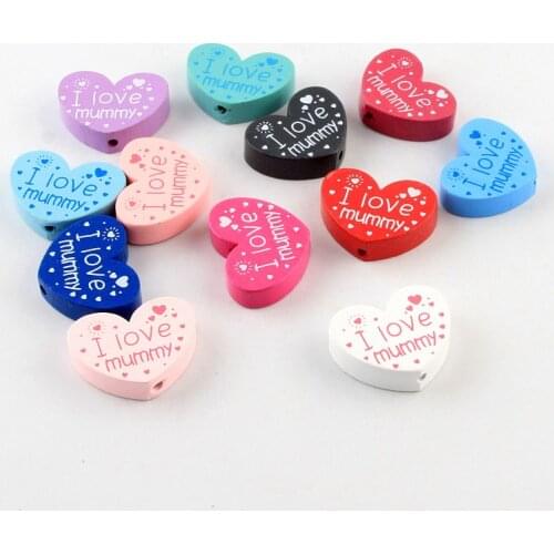 10pcs/lot Wooden DIY (I love mummy) Heart-Shaped Wooden Beads For Childrens Toys & Pacifier Clip Spacer Beads