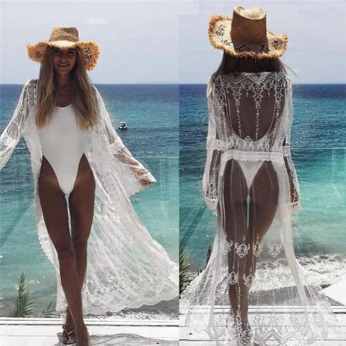 2019 Women Sweet Swimwear Summer Lace Dress Lady Casual Beachwear Cover Up Flowers Long Dress See-through Ankle-Length Dresses