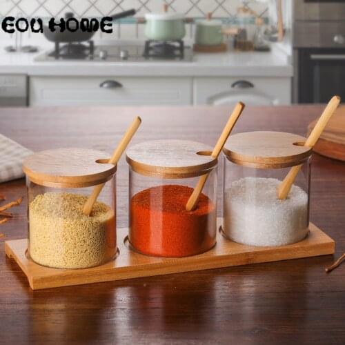 3 Pcs/Set Glass Herb Spice Tools Seasoning Bottle Glass Sugar Salt Storage Jar Spice Jars with Wooden Spoon Kitchen Accessories