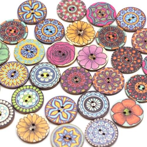 50Pcs Round Buttons Printed Wooden Button For Clothing 2-Holes Flower Decorative Button Flower Of Life Pattern Sew Crafts20-25mm