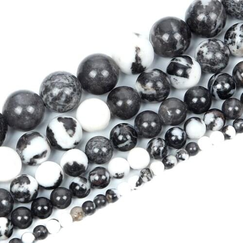 Natural Stone Beads Black white point Round Loose Beads For Jewelry Making Bracelet DIY Accessories Needlework Strand 4-12MM