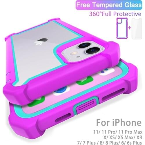 Case for iPhone 12Pro 11 Pro Max XS Max XR 7 8 Plus Heavy Duty Protection armor PC TPU Shockproof Case Free Tempered Glass cover