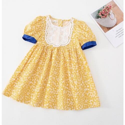 Children Clothes Short Sleeve A-line Floral Print Knee-Length Kids Dress For Girls 1-6 Yrs Yellow
