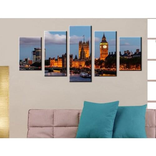 Home Art Canvas Pictures Decor Prints Poster 5 Panel London Boat Light Bridge Nightscape Wall For Living Room Frame Painting