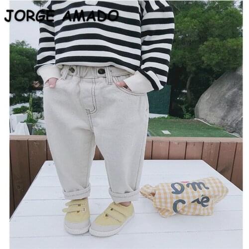 2021 New Korean Style Spring Kids Boys Girls Jeans Elastic Waist Solid Color Pocket Denim Loose Pants Kids Clothes E5115